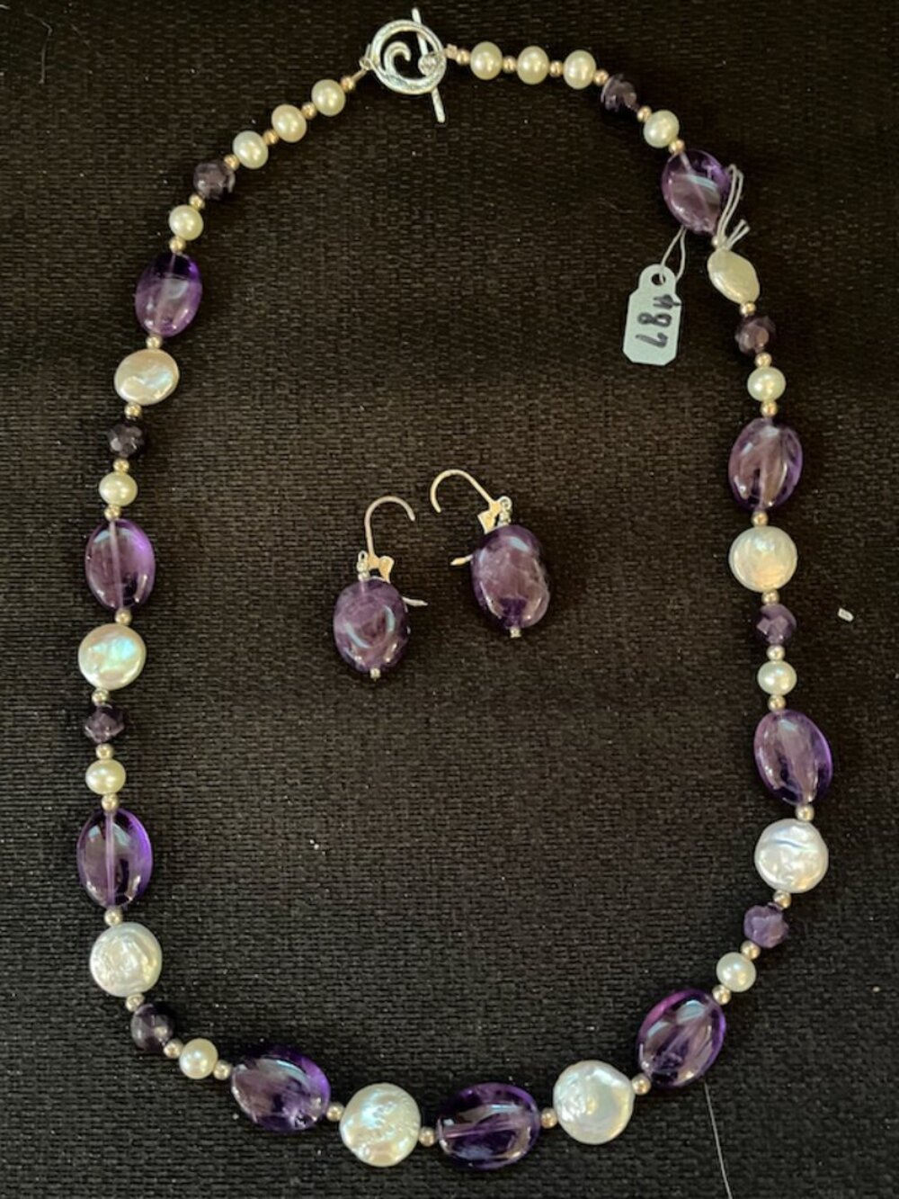 NWT Sterling Silver amethyst, freshwater pearl necklace & earrings